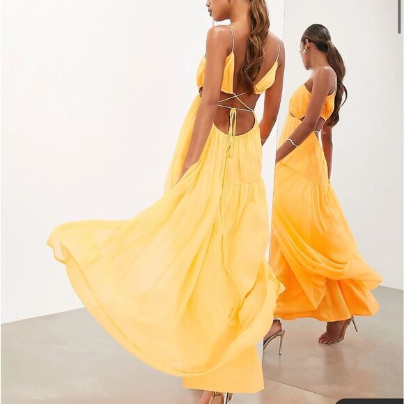 ASOS EDITION ruched gathered waist chiffon cami maxi dress in clementine 6 nwt - Picture 3 of 7